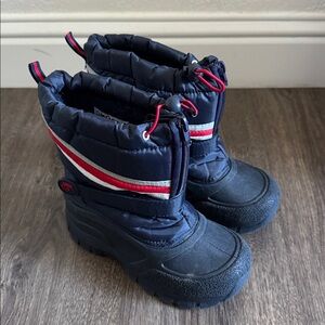 Navy and Black Winter Boots with Red Accents